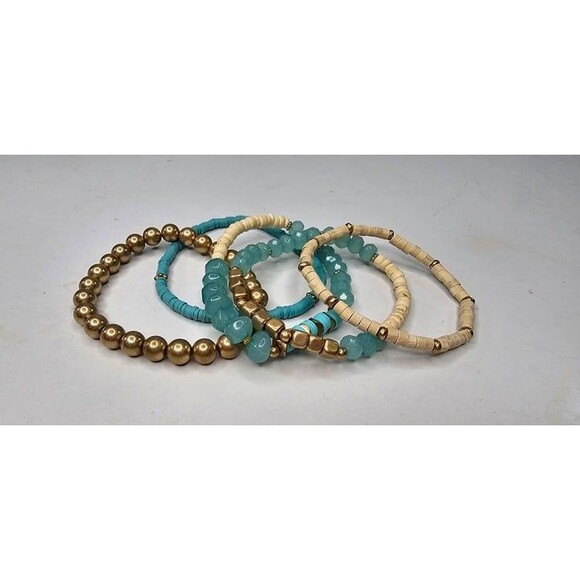 Lot of 5 Aqua, Gold Tone and Cream Stretch Beaded Bracelets - Picture 2 of 3